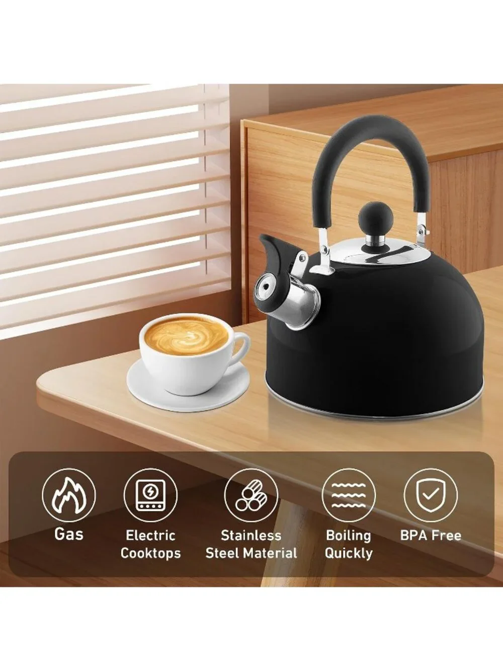 Black Kitchen Whistling Tea Kettles 2 Quart Stainless Steel Stovetop Tea pot